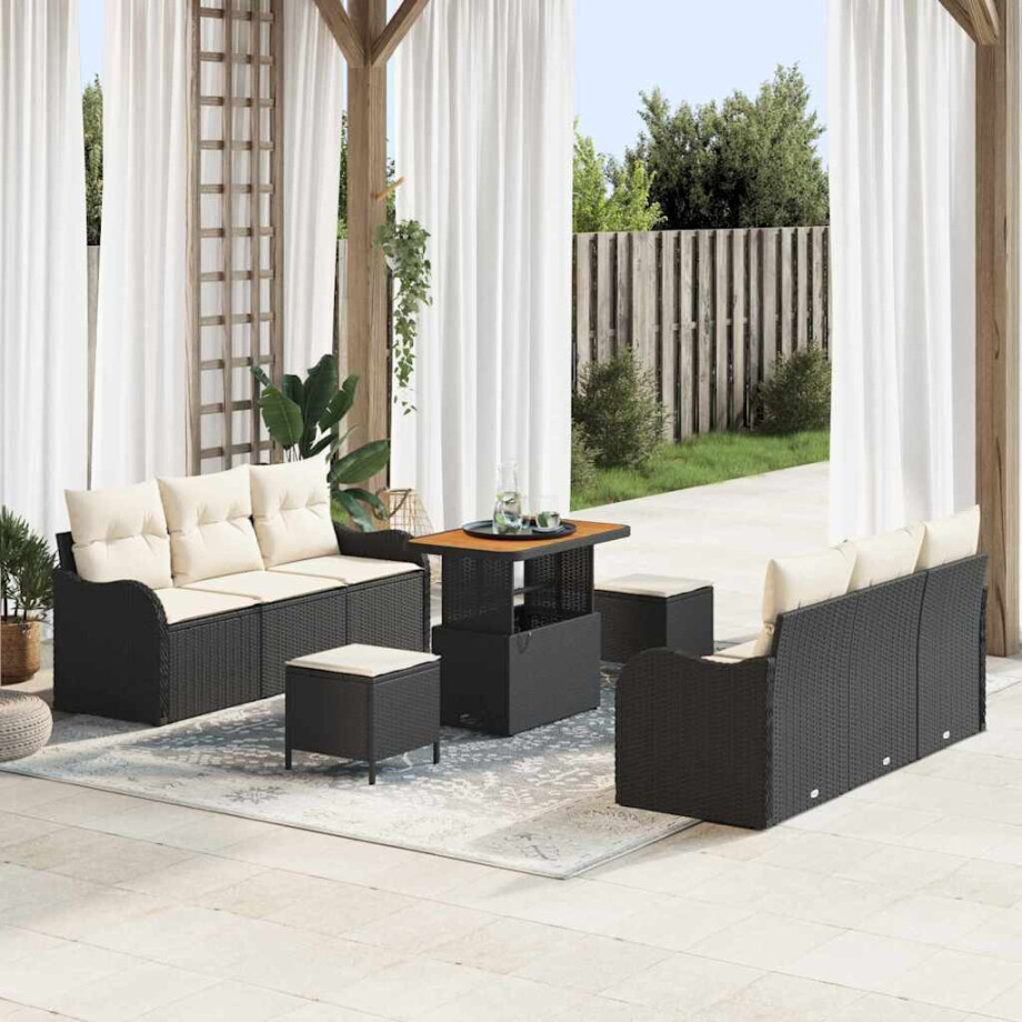 vidaXL Tuin Sofa Set met kussen met opslag 9 pcs Zwart en Crème afbeelding 1