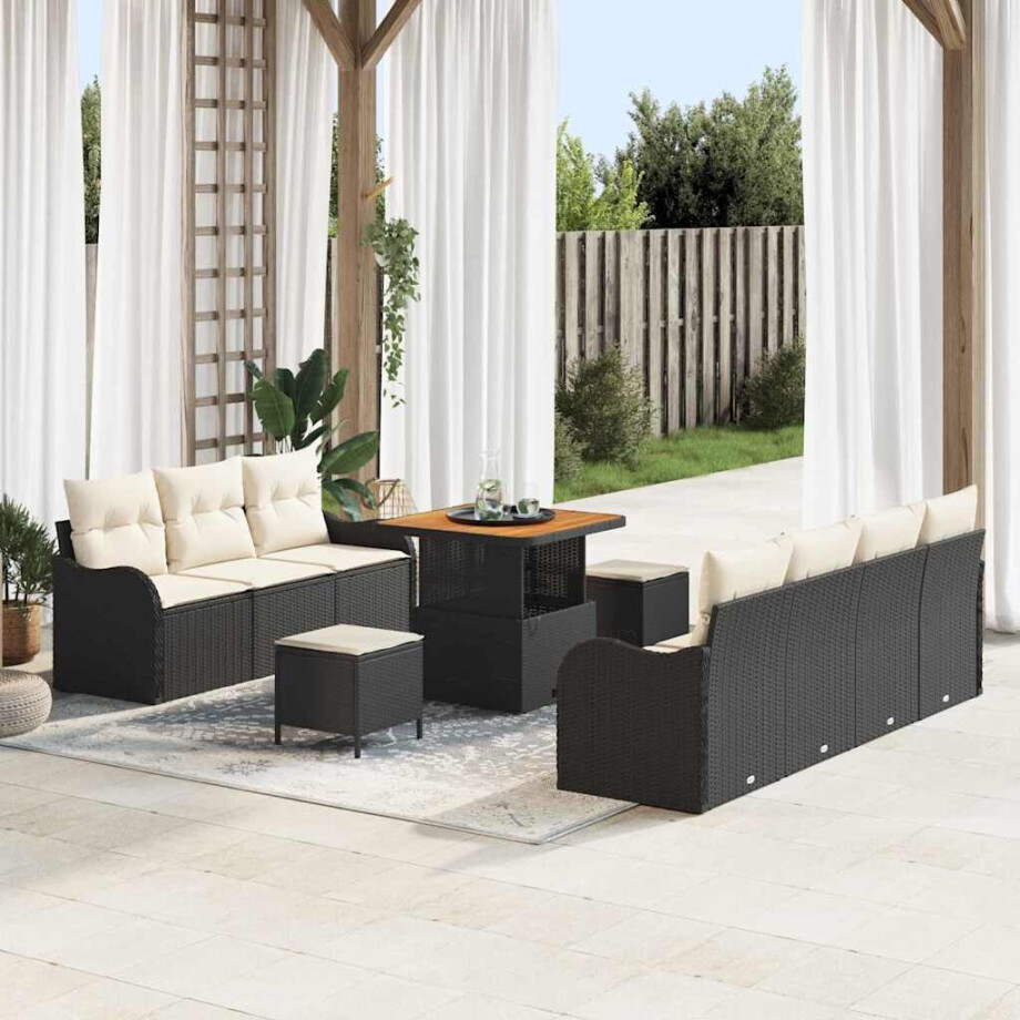 vidaXL Tuin Sofa Set met kussen met opslag 10 pcs Zwart en Crème afbeelding 1