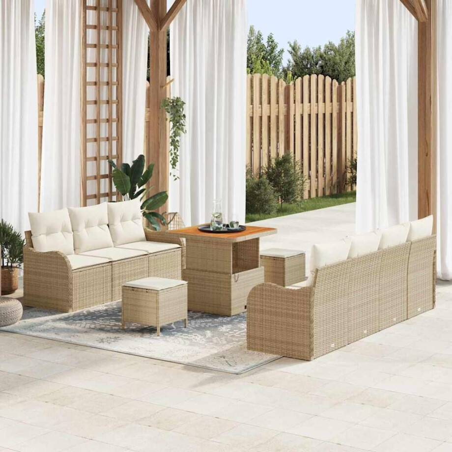 vidaXL Tuin Sofa Set met kussen met opslag 10 pcs Beige en Crème afbeelding 1