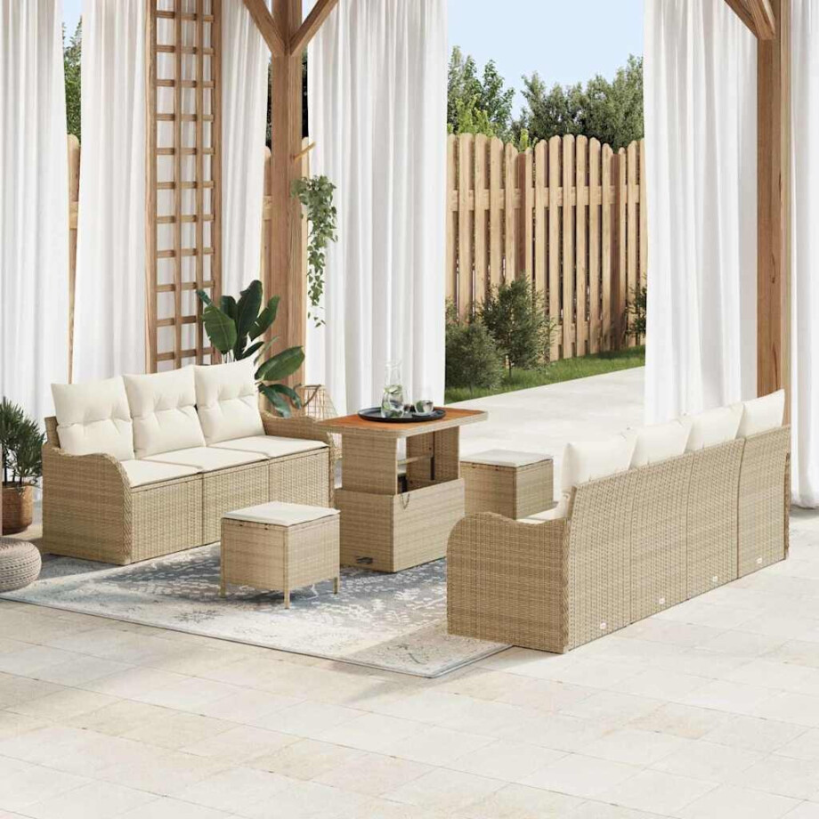 vidaXL Tuin Sofa Set met kussen met opslag 10 pcs Beige en Crème afbeelding 1