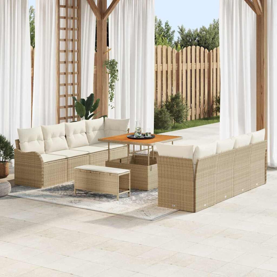 vidaXL Tuin Sofa Set met kussen met opslag 11 pcs Beige en Crème afbeelding 1