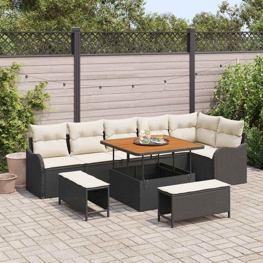 vidaXL Tuin Sofa Set met kussen met opslag 9 pcs Zwart en Crème afbeelding 1