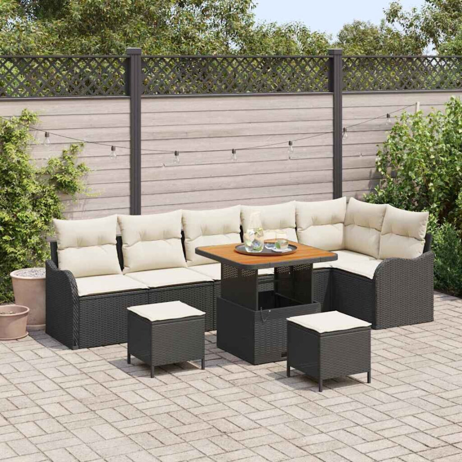 vidaXL Tuin Sofa Set met kussen met opslag 9 pcs Zwart en Crème afbeelding 1