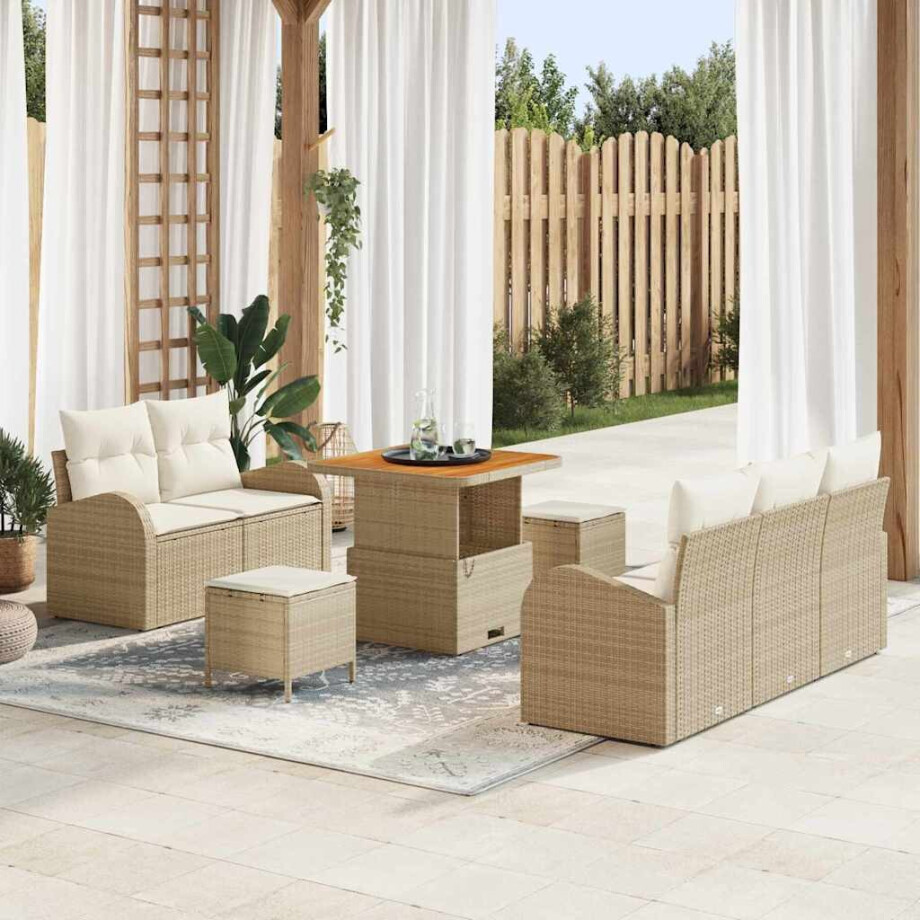 vidaXL 8-delige tuinset met kussens in beige poly rattan en acacia vidaXL 8-delige tuinset met kussens in beige poly rattan en acacia afbeelding 1