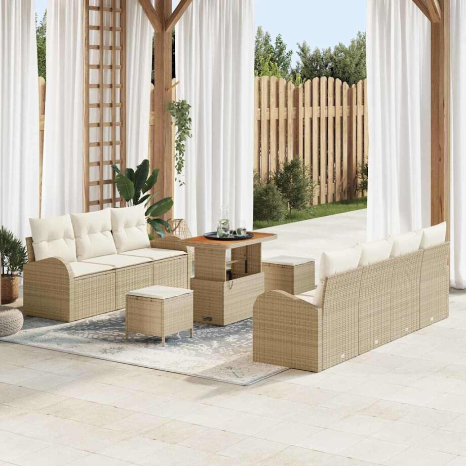 vidaXL Tuin Sofa Set met kussen met opslag 10 pcs Beige en Crème afbeelding 1