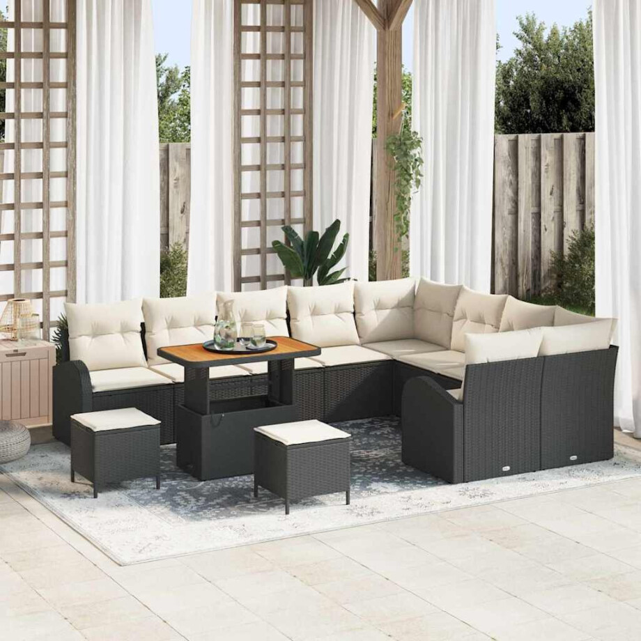 vidaXL Tuin Sofa Set met kussen met opslag 12 pcs Zwart en Crème afbeelding 1