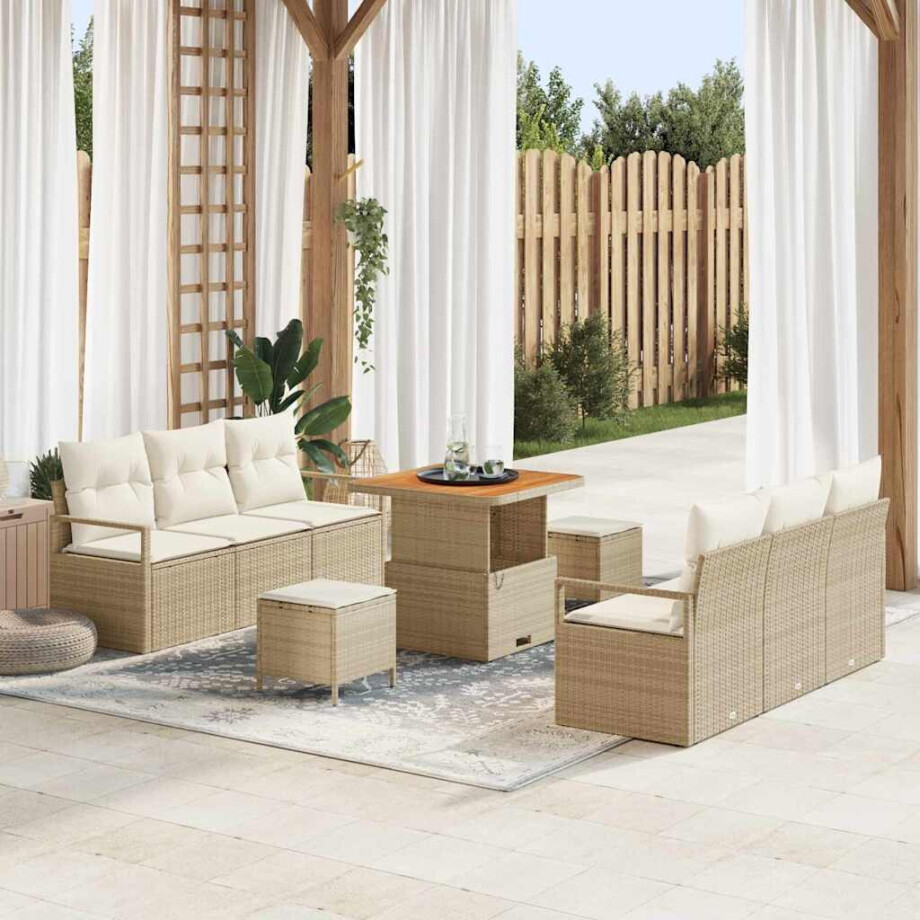vidaXL 9-delige tuinsofa set met kussens in beige poly rattan en acacia. afbeelding 1