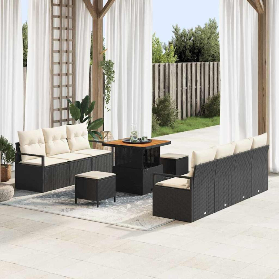 vidaXL Tuin Sofa Set met kussen met opslag 10 pcs Zwart en Crème afbeelding 1