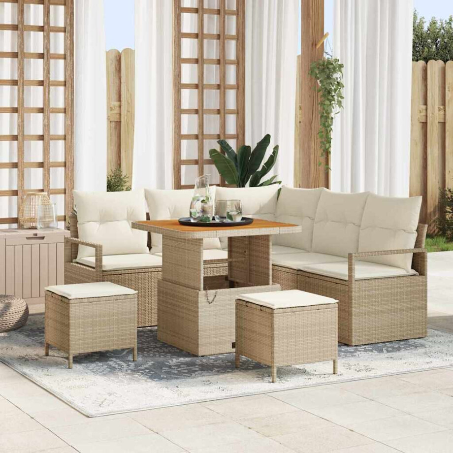 vidaXL 8-delige tuinset met kussens - Beige Poly Rattan en Acacia vidaXL 8-delige tuinset met kussens - Beige Poly Rattan en Acacia afbeelding 1