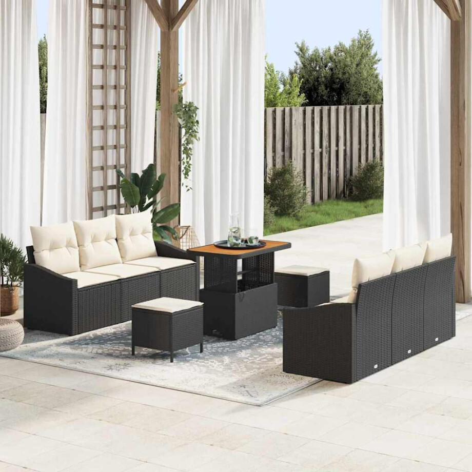 vidaXL Tuin Sofa Set met kussen met opslag 9 pcs Zwart en Crème afbeelding 1