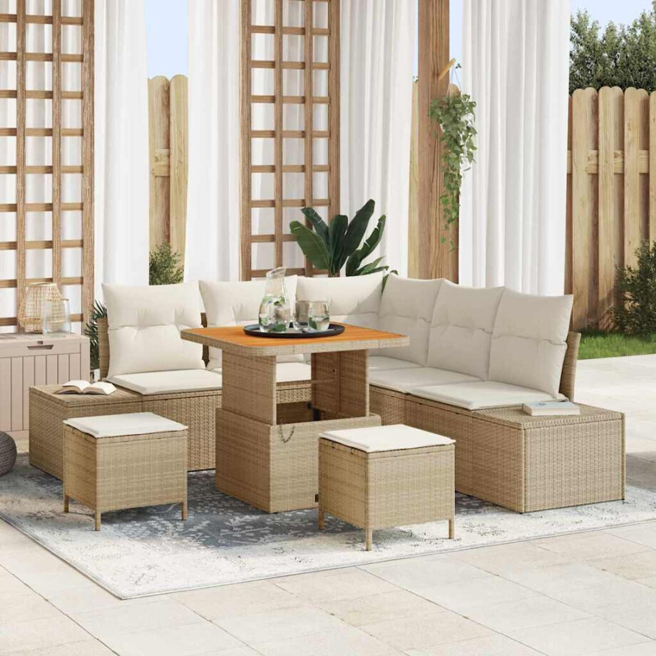 vidaXL 8-delige tuinsofa set met kussens in beige poly rattan en acacia. afbeelding 1