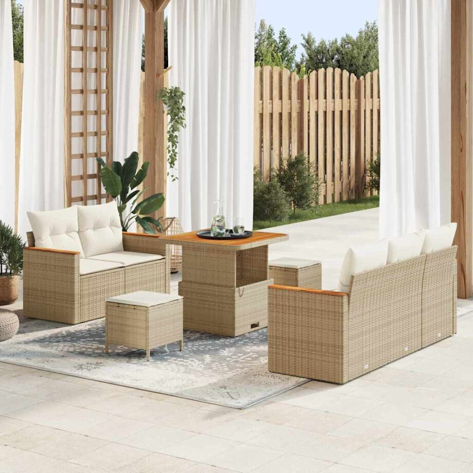 vidaXL 8-delige tuinset met kussens in beige poly rattan en acacia vidaXL 8-delige tuinset met kussens in beige poly rattan en acacia afbeelding 1