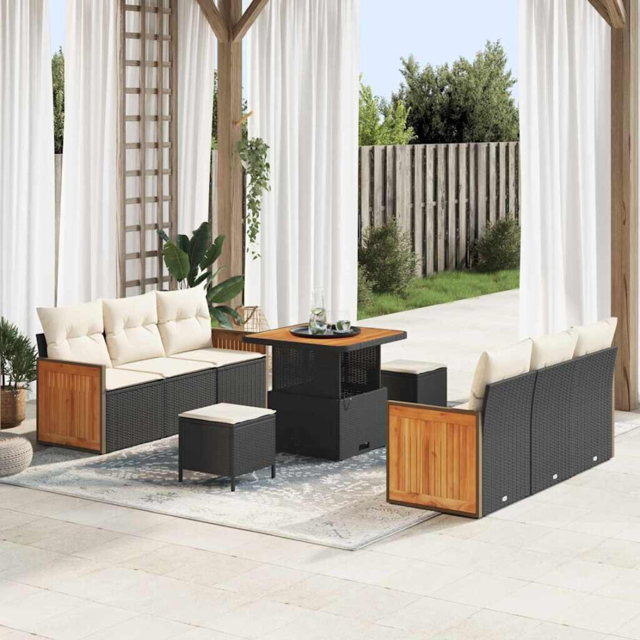 vidaXL Tuin Sofa Set 9 pcs Zwart en Crème poly rattan vidaXL Tuin Sofa Set 9 pcs Zwart en Crème poly rattan afbeelding 1