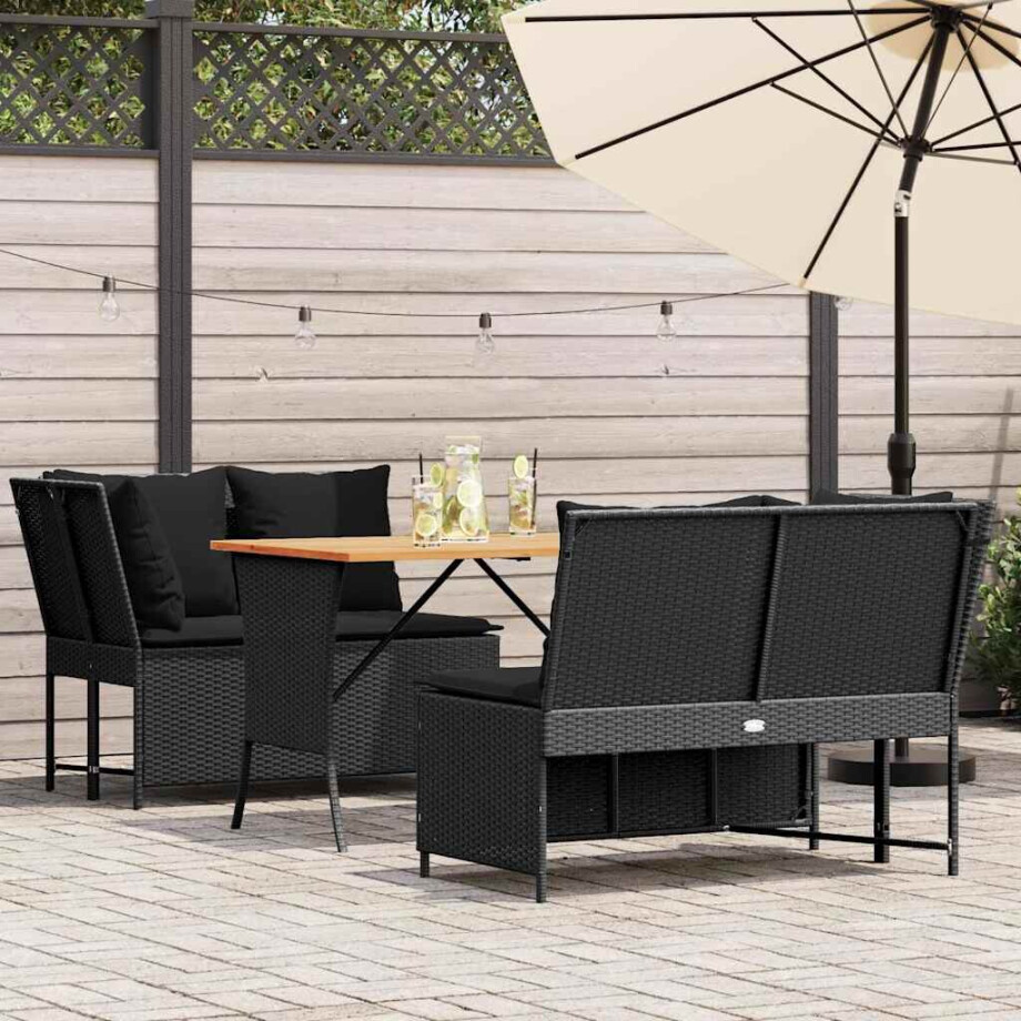 vidaXL 3-delige Loungeset met kussens poly rattan zwart afbeelding 1