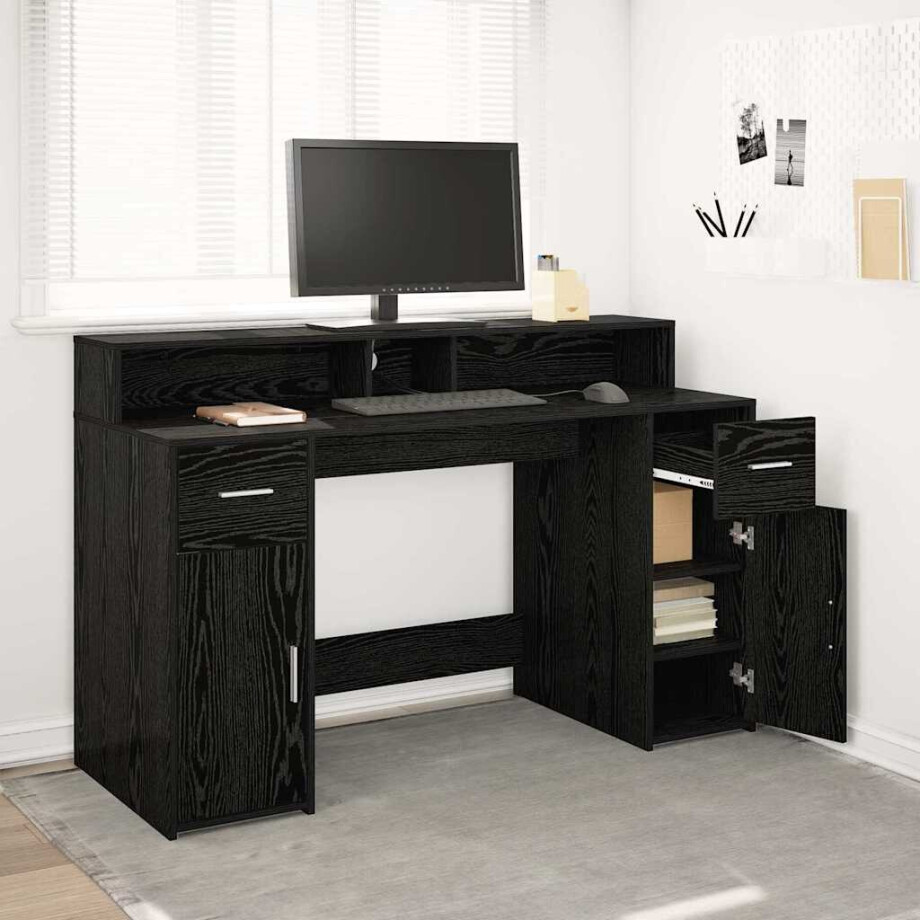 vidaXL Bureau met lade Zwart eiken 140 x 55 x 91 cm Bewerkt hout afbeelding 1