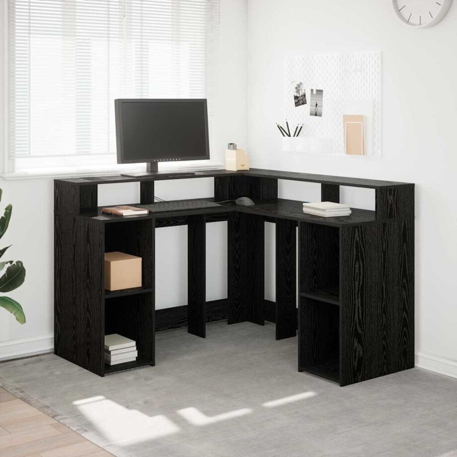 vidaXL Bureau met plank Zwart Eiken 130 x 130 x 91 cm Bewerkt hout afbeelding 1