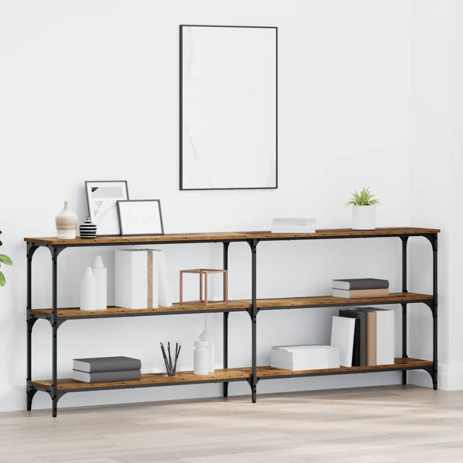 vidaXL Wandtafel Oud Hout 200 x 29 x 75 cm Geperst Hout en Metaal afbeelding 1