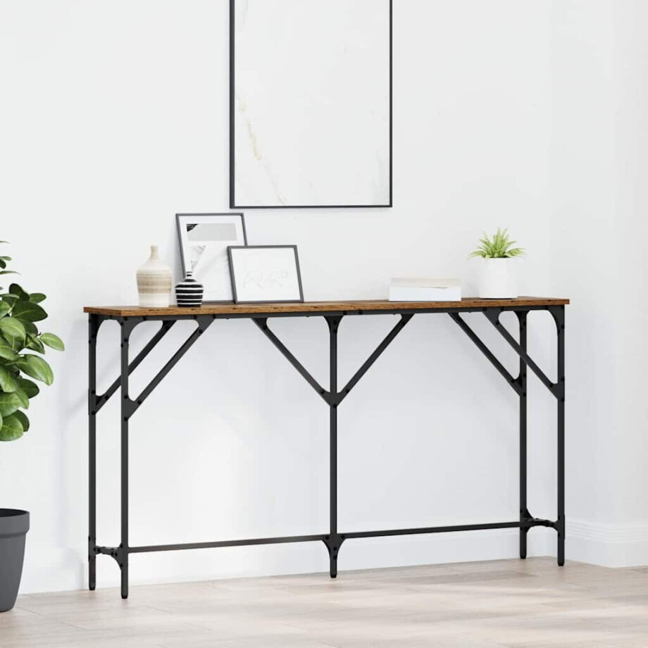vidaXL Wandtafel Oud Hout 140 x 23 x 75 cm Gelaagd hout en metaal afbeelding 1