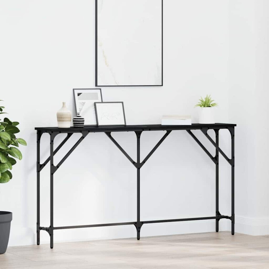 vidaXL Wandtafel Zwart eiken 140 x 23 x 75 cm Gelaagd hout en metaal afbeelding 1