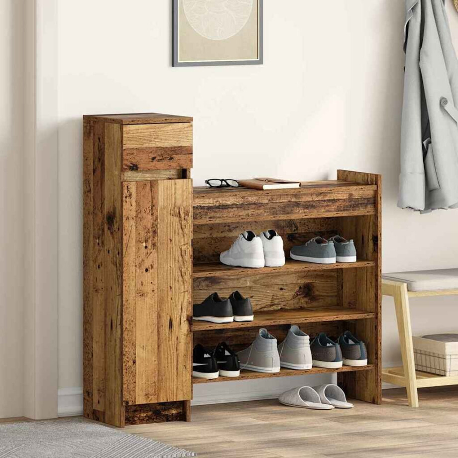 vidaXL Schoenenkast met lade Oudhout 100,5 x 28 x 100 cm Bewerkt hout afbeelding 1