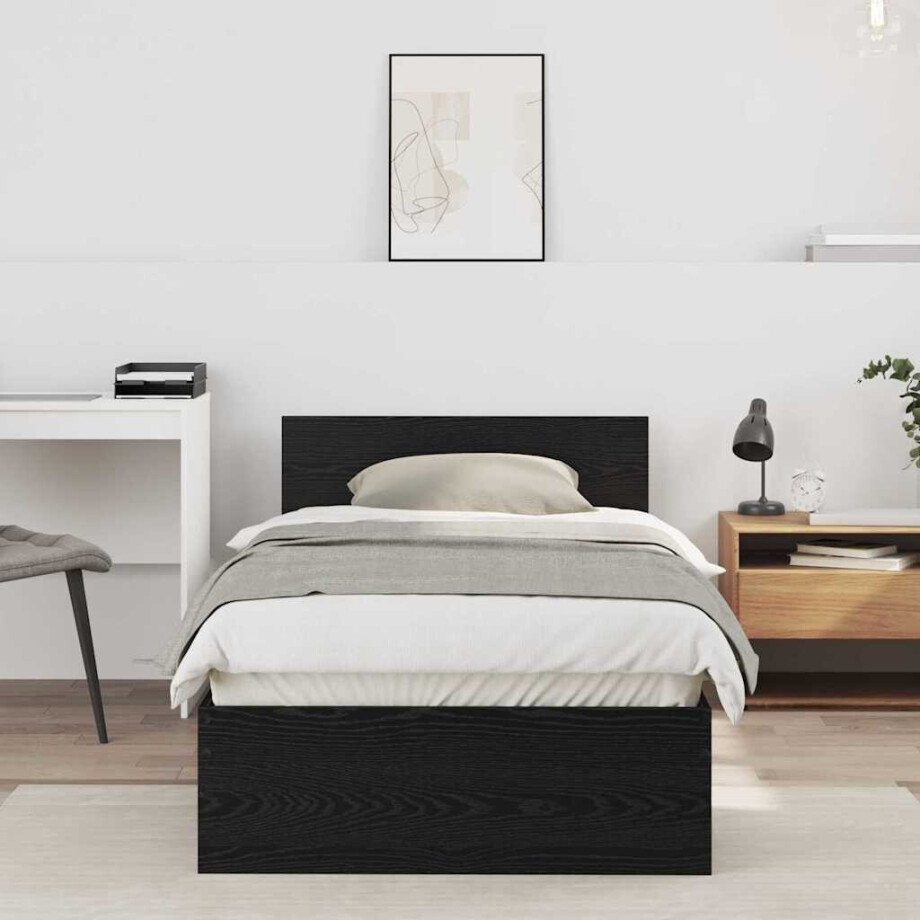 vidaXL Bedframe met hoofdeinde Zwart Eiken 90 x 190 cm Bewerkt hout afbeelding 1