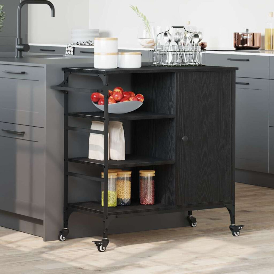 vidaXL Keuken Trolley Zwart Eiken 87.5 x 39 x 84.5 cm Bewerkt hout vidaXL Keuken Trolley Zwart Eiken 87.5 x 39 x 84.5 cm Bewerkt hout afbeelding 1