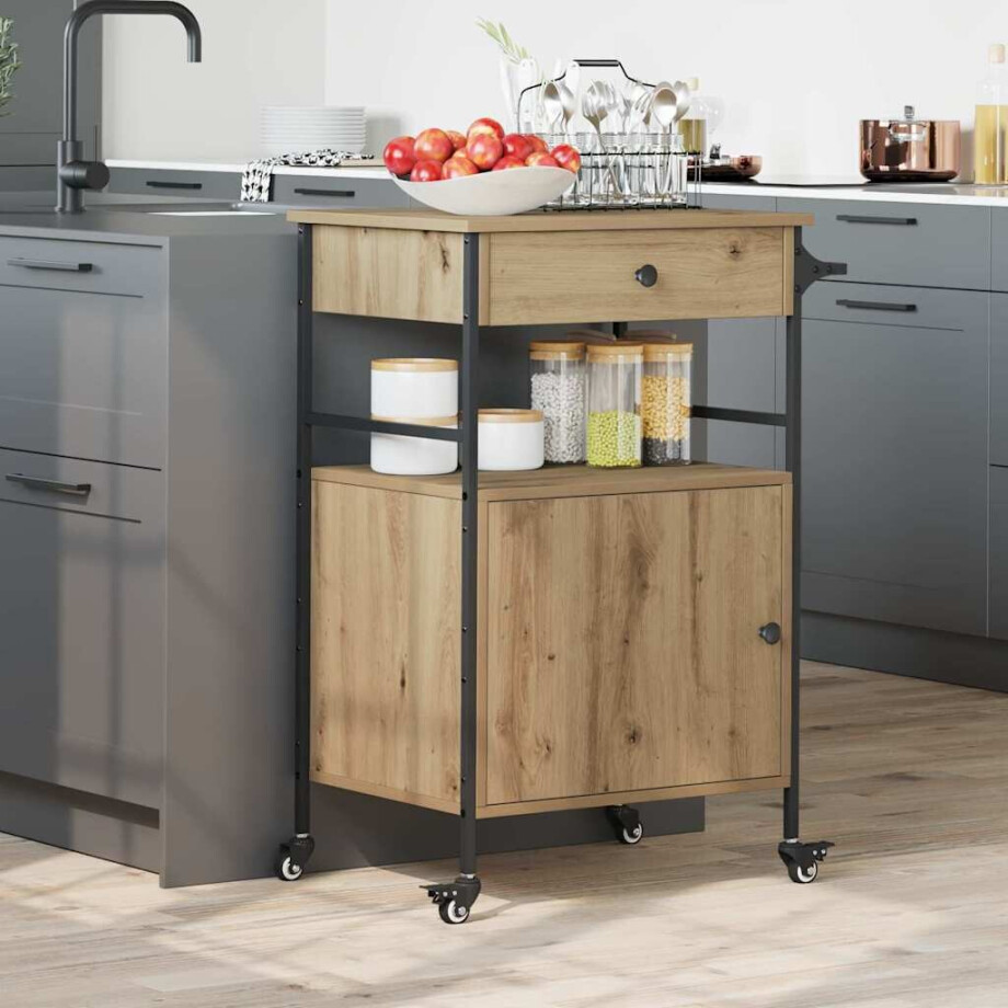 vidaXL Keuken Trolley Artisan Eiken 56 x 43 x 89,5 cm Bewerkt hout afbeelding 1