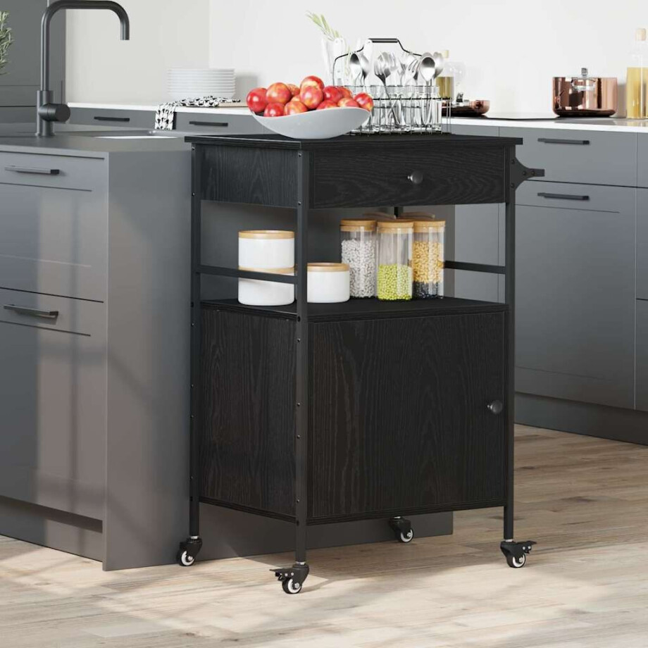 vidaXL Keuken Trolley Zwart Eiken 56 x 43 x 89,5 cm Bewerkt hout afbeelding 1