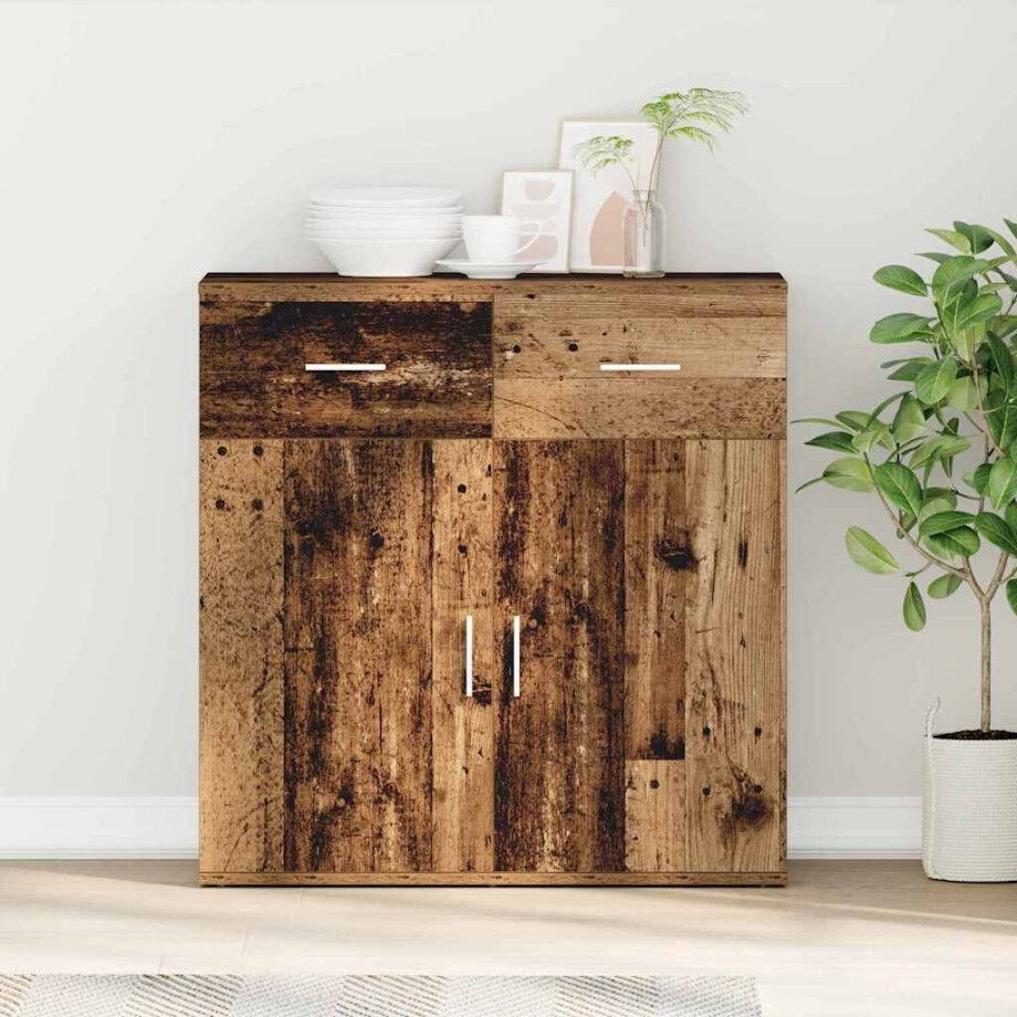 vidaXL Dressoir met lade Oudhout 78 x 38 x 80 cm Bewerkt hout afbeelding 1