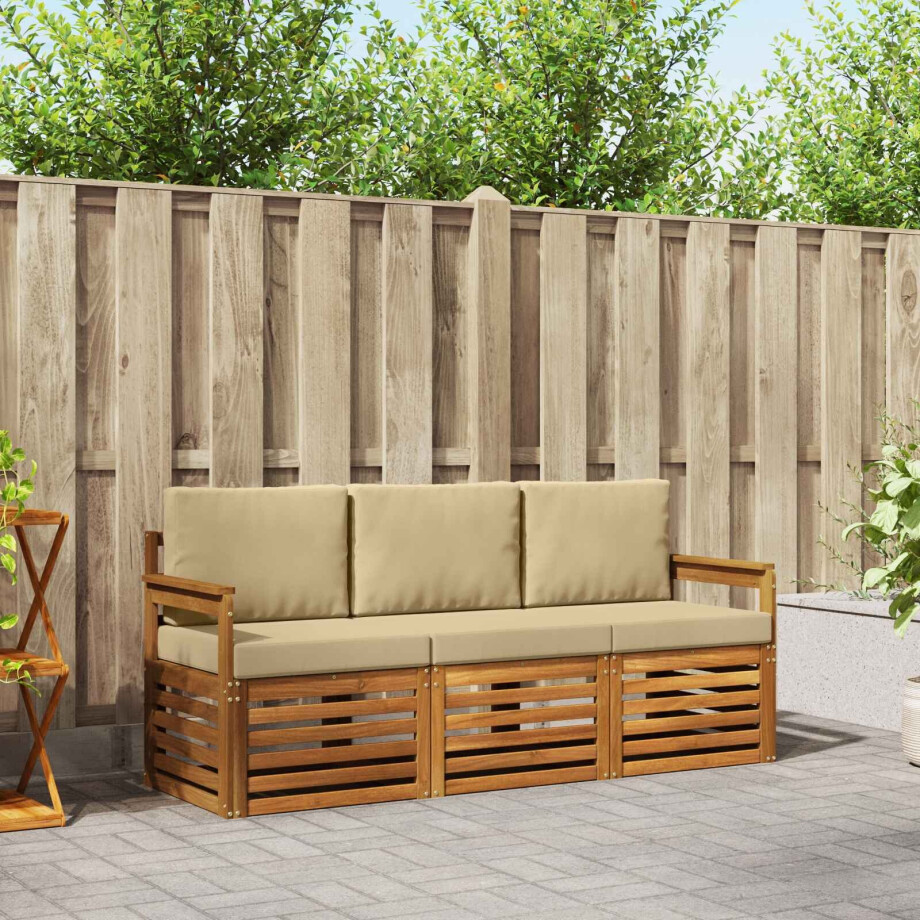 vidaXL Sofa-Sets 3 pcs Natuurlijk en Beige Massief Acaciahout vidaXL Sofa-Sets 3 pcs Natuurlijk en Beige Massief Acaciahout afbeelding 1