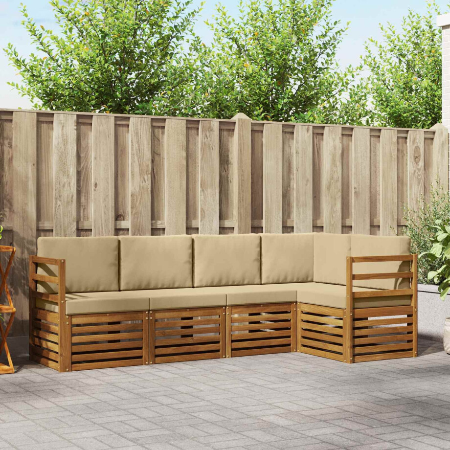 vidaXL Hoekbank Set 5 pcs Natuurlijk en Beige Massief Acaciahout vidaXL Hoekbank Set 5 pcs Natuurlijk en Beige Massief Acaciahout afbeelding 1