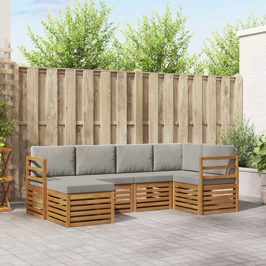 vidaXL Hoekbank Set 6 pcs Natuurlijk en Lichtgrijs Massief Acaciahout afbeelding 1
