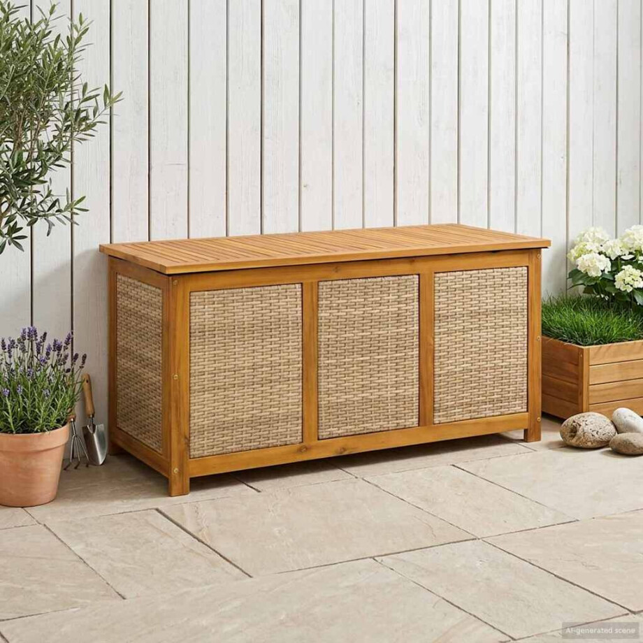 vidaXL Tuinopslagdoos 185 L Massief Acaciahout 113 x 50 x 56 cm Beige afbeelding 1