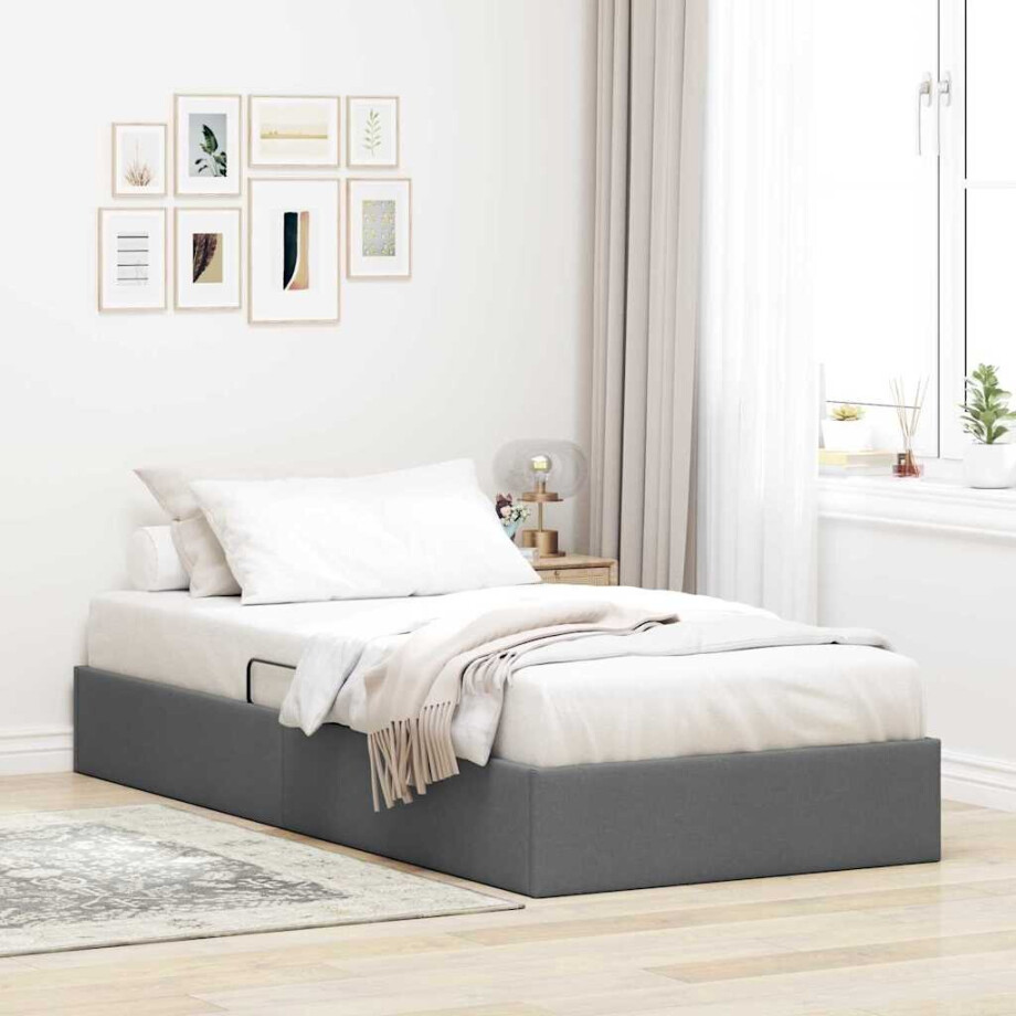 vidaXL Opslag bed met hoofdeinde Donkergrijs 90 x 190 cm Stof afbeelding 1