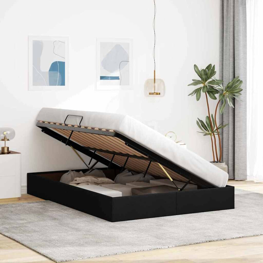 vidaXL Opslag bed met hoofdeinde met opslag Zwart 135 x 190 cm Stof afbeelding 1