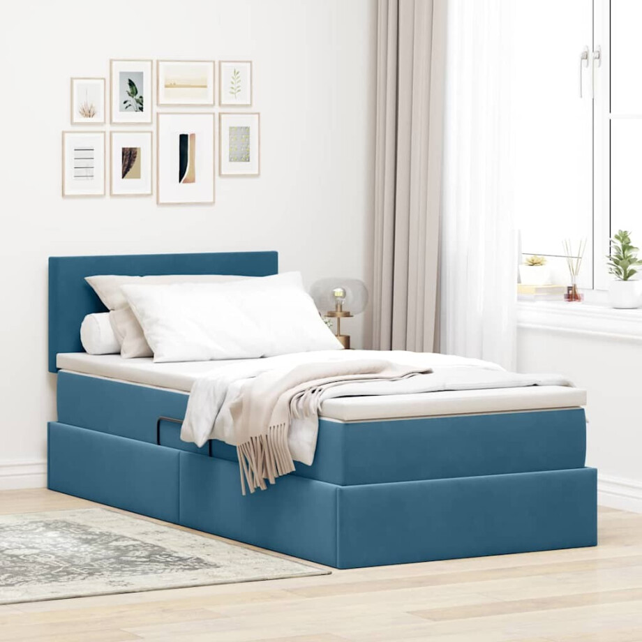 vidaXL Opslag bed met matras Donkerblauw 90 x 200 cm Fluweel afbeelding 1