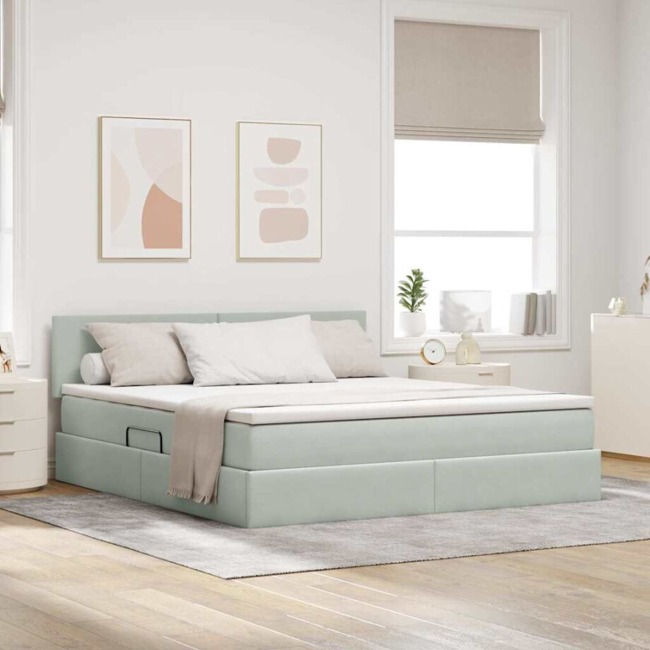 vidaXL Opslag bed met matras Lichtgrijs 160 x 200 cm Fluweel afbeelding 1