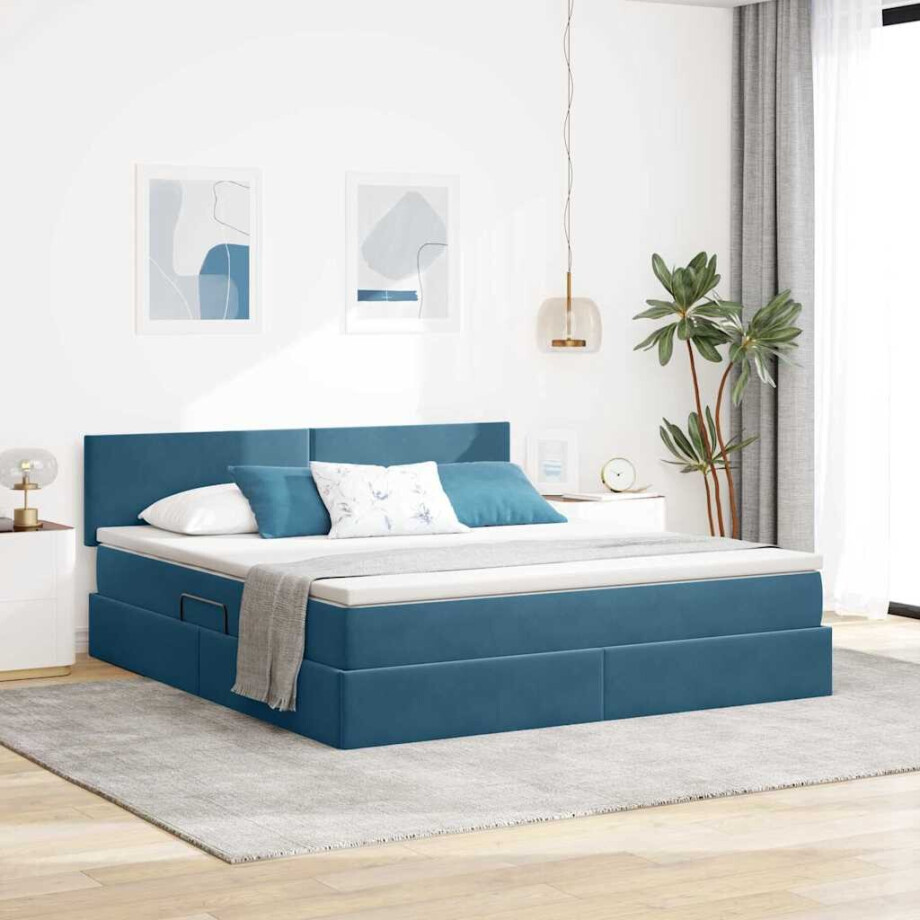 vidaXL Opslag bed met matras Donkerblauw 180 x 200 cm Fluweel vidaXL Opslag bed met matras Donkerblauw 180 x 200 cm Fluweel afbeelding 1