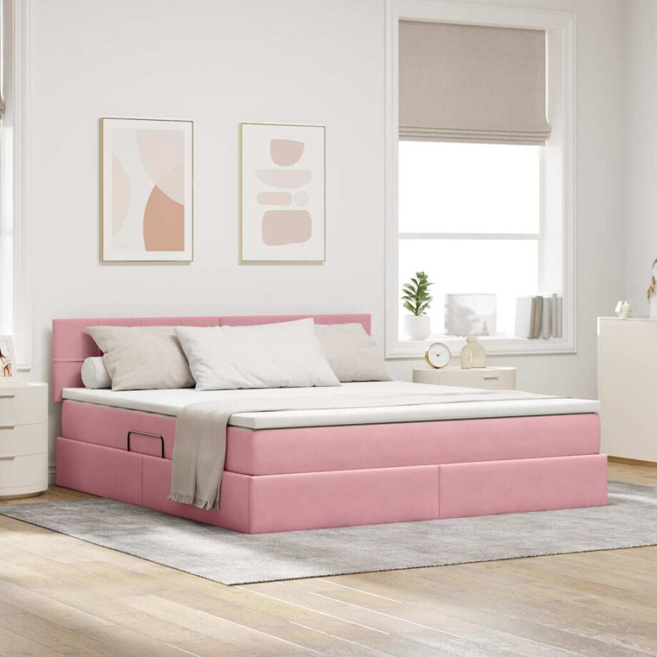 vidaXL Opslag bed met matras met hoofdeinde Roze 160 x 200 cm Fluweel afbeelding 1
