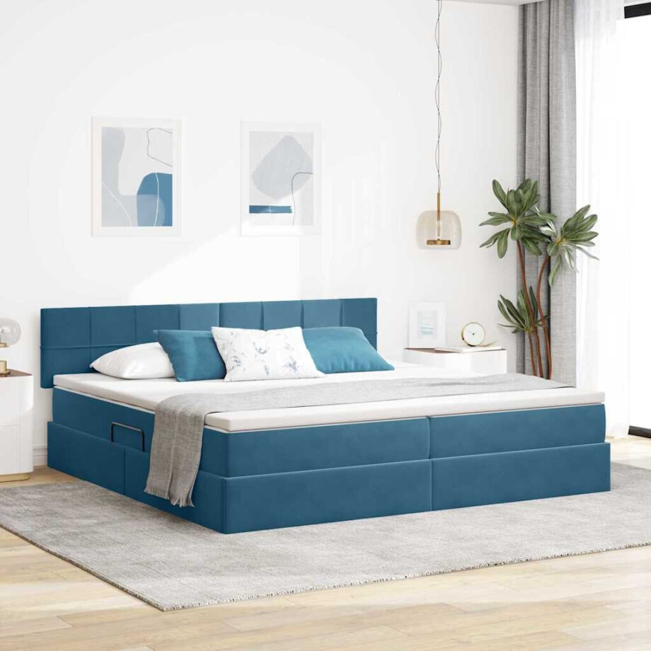 vidaXL Opslag bed met matras Donkerblauw 200 x 200 cm Fluweel afbeelding 1