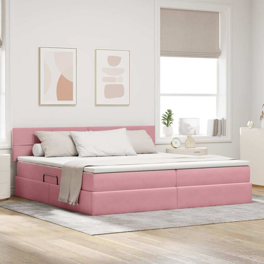 vidaXL Opslag bed met matras met hoofdeinde Roze 200 x 200 cm Fluweel afbeelding 1