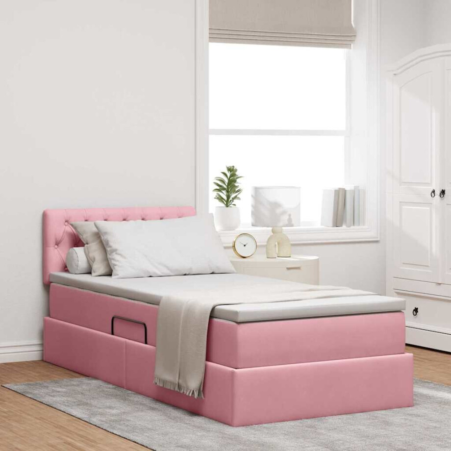vidaXL Opslag bed met matras met hoofdeinde Roze 100 x 200 cm Fluweel afbeelding 1