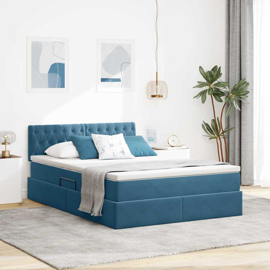 vidaXL Opslag bed met matras Donkerblauw 140 x 190 cm Fluweel afbeelding 1