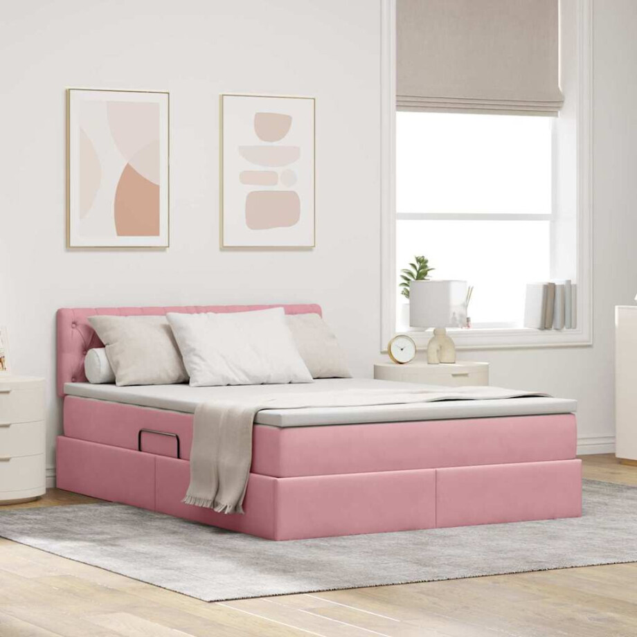 vidaXL Opslag bed met matras met hoofdeinde Roze 140 x 190 cm Fluweel afbeelding 1