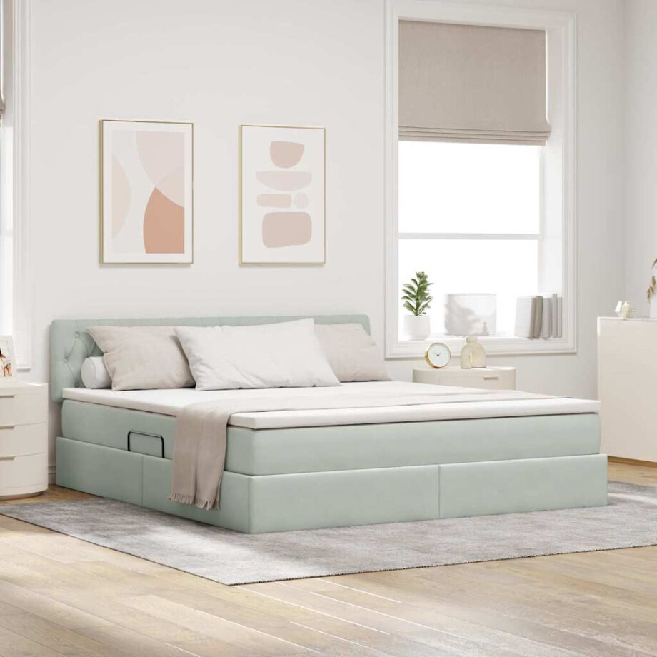 vidaXL Opslag bed met matras Lichtgrijs 180 x 200 cm Fluweel afbeelding 1