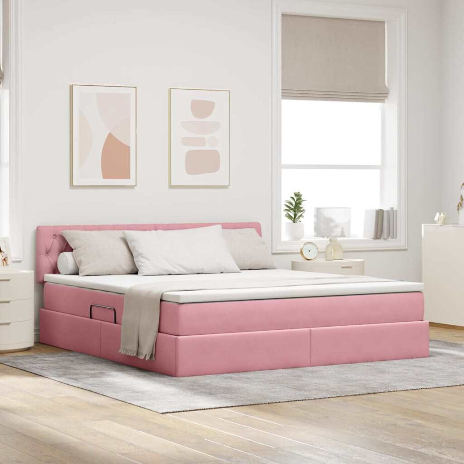 vidaXL Opslag bed met matras met hoofdeinde Roze 180 x 200 cm Fluweel afbeelding 1