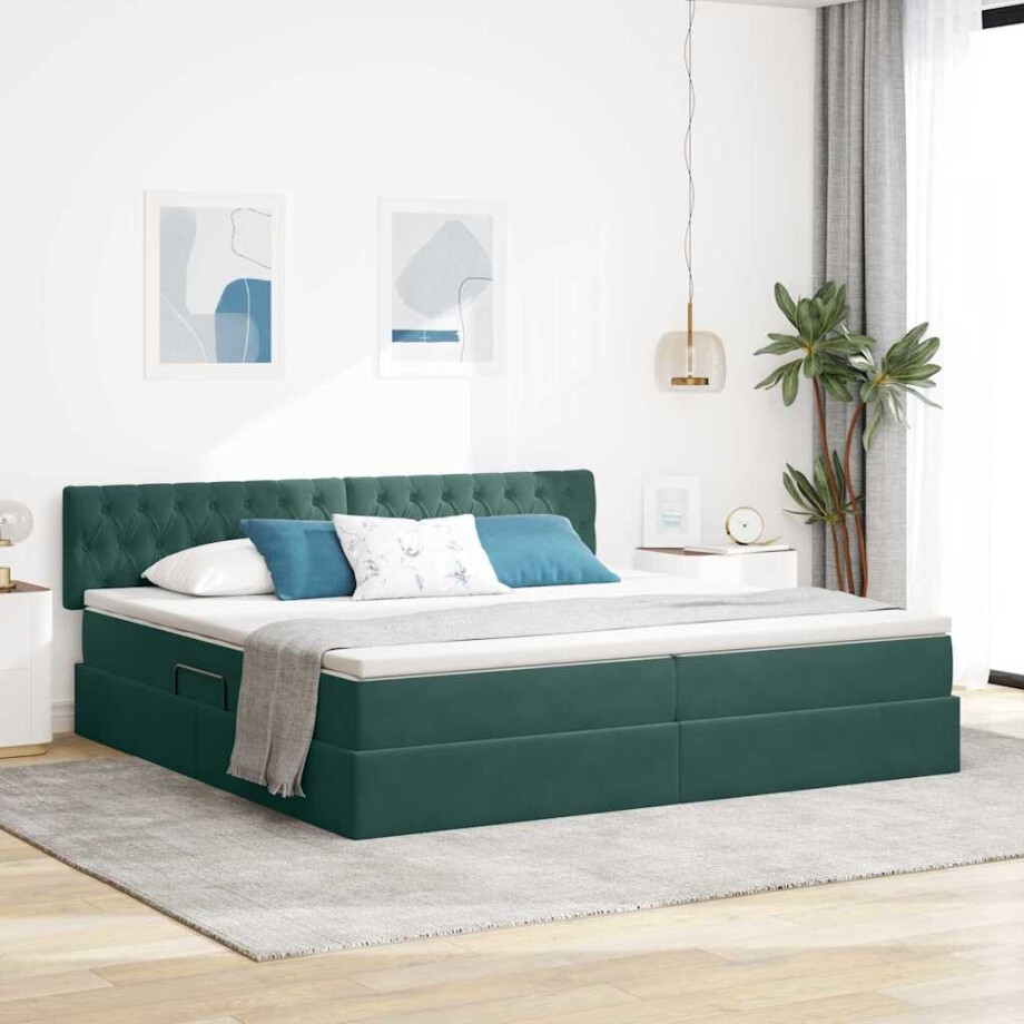 vidaXL Opslag bed met matras Donkergroen 200 x 200 cm Fluweel afbeelding 1