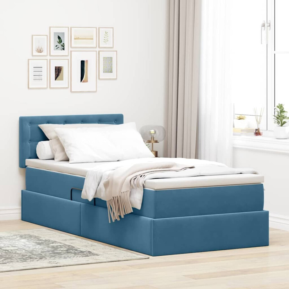 vidaXL Opslag bed met matras Donkerblauw 90 x 190 cm Fluweel afbeelding 1