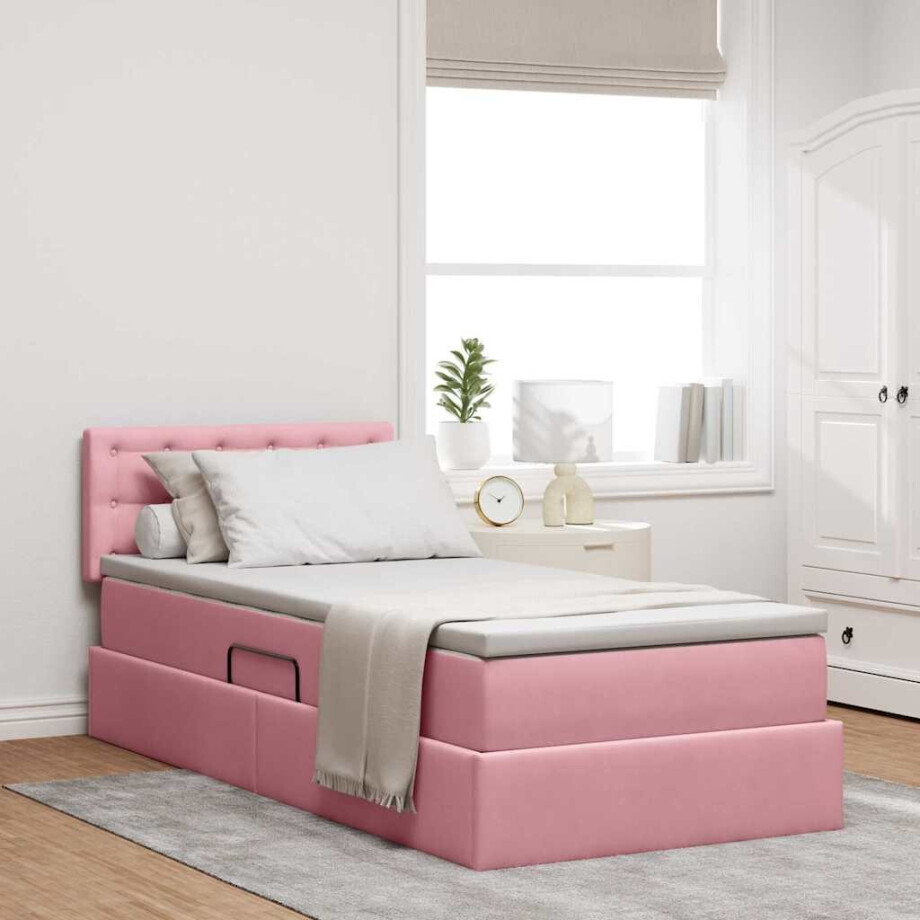 vidaXL Opslag bed met matras met hoofdeinde Roze 90 x 190 cm Fluweel afbeelding 1