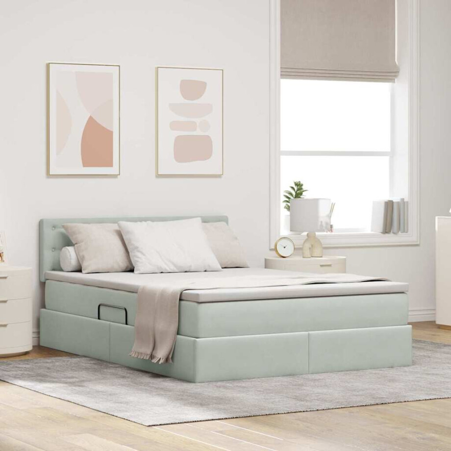vidaXL Opslag bed met matras Lichtgrijs 140 x 200 cm Fluweel afbeelding 1